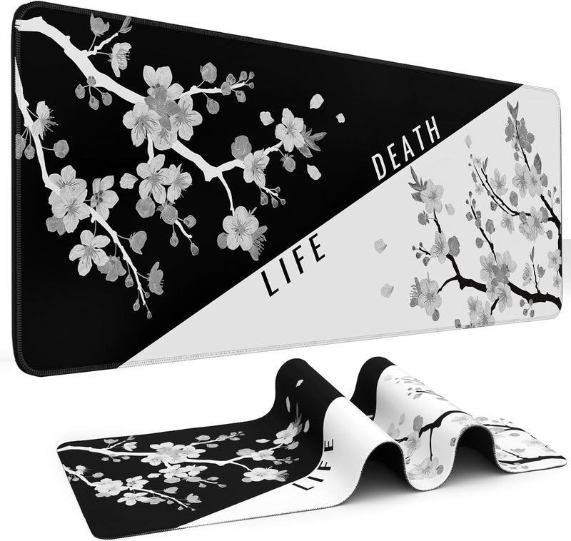 DIGSOM Mouse Pad Gaming Keyboard Pad 31.5 x 11.8 in Gaming Mouse Pad with Anti-Slip Rubber Base and Stitched Edges, Japanese Life Death Keyboard Mat(Black with White Cherry Blossom) - Image 1
